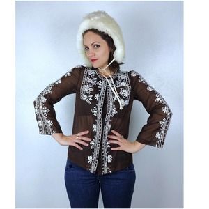 vintage 70s Brown HAND EMBROIDERED hippie TUNIC Small boho festival button up